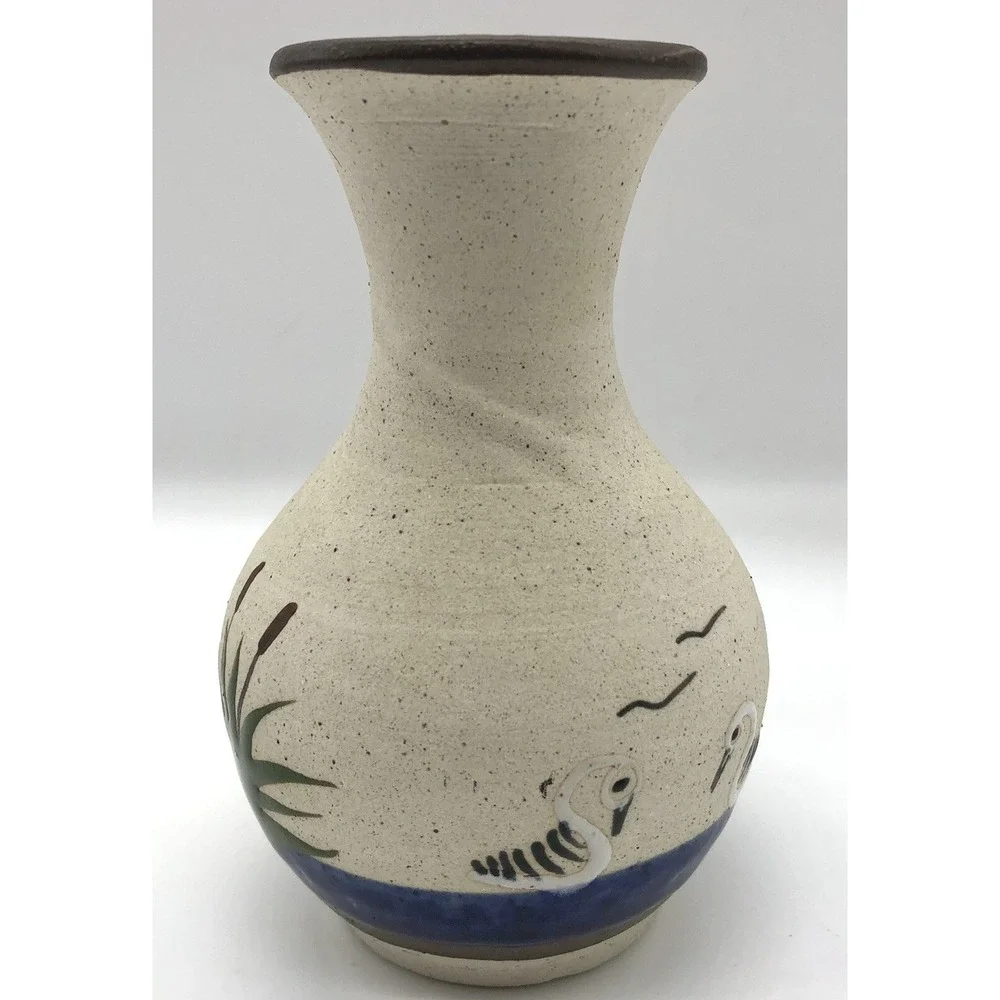Vintage Tonala Mexico Vase Art Pottery Swans Cattails Water Sandstone‎ 5